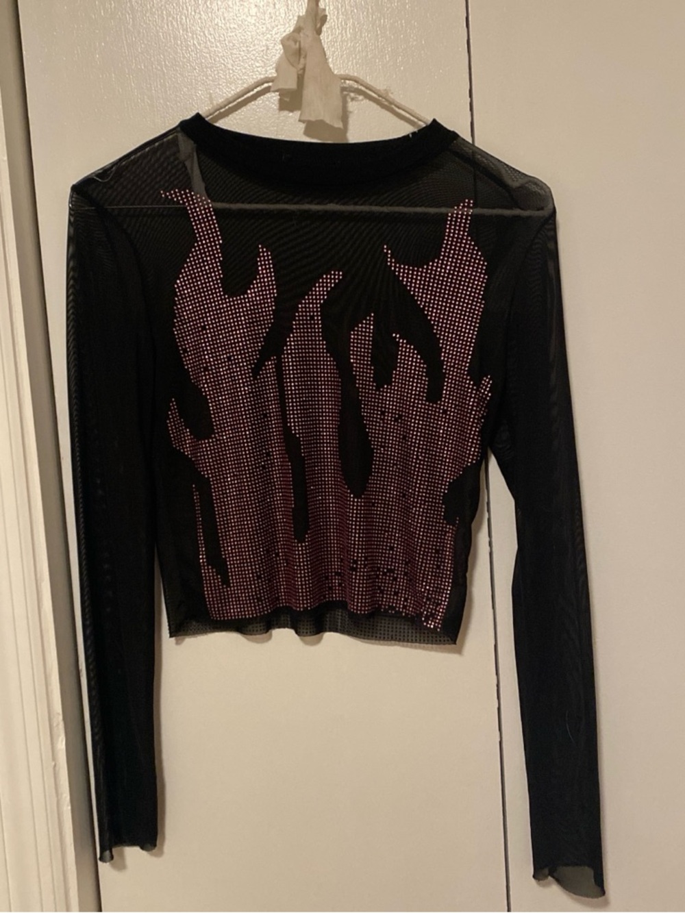 Black Mesh Long-Sleeve Crop Top with Pink Flame Studs